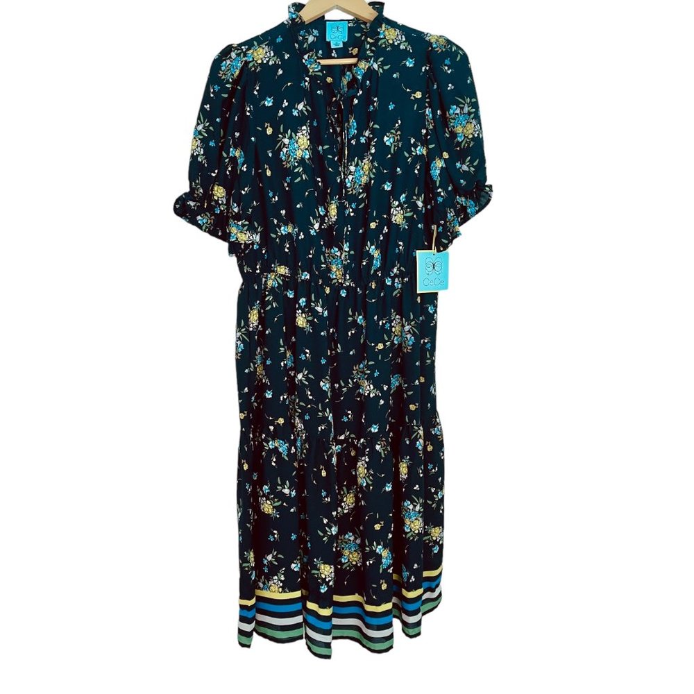 CeCe Bouquet Print Puff Sleeve A-line Midi Dress (L) Classic Navy - NWT - Picture 3 of 9